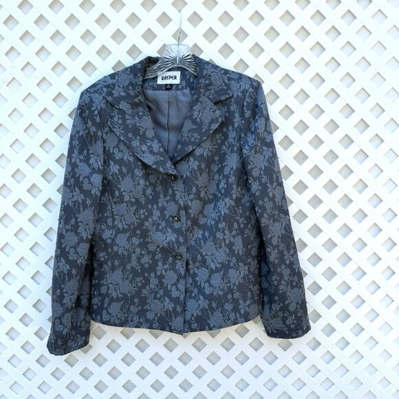 BEAUTIFUL KASPER GREY EMBROIDERED FLOWER SUIT-SKIRT SET WITH JEWELED BUTTONS - Picture 2 of 4